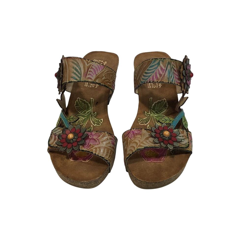 L'Artiste Moai Wedge Sandal Slip on Double Band Floral Multicolor Size 37